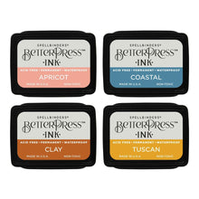 Charger l'image dans la galerie, Spellbinders - BetterPress Letterpress Mini Ink Pad Set - 4/Pkg - Desert Sunset. Desert Sunset BetterPress Ink Mini Set includes four 1.25 x 1.75-inch ink pad colors of Apricot, Clay, Tuscan, and Coastal. Available at Embellish Away located in Bowmanville Ontario Canada.
