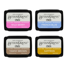 Load image into Gallery viewer, Spellbinders - BetterPress Letterpress Mini Ink Pad Set - 4/Pkg - Nature Tones. BetterPress Ink Nature Tones Mini 4-Pack Set includes four 1.25 x 1.75-inch ink pad colors of Wild Berry, French Blue, Saffron, and Tawny Brown. Available at Embellish Away located in Bowmanville Ontario Canada.
