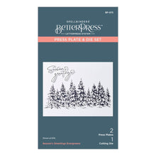 Load image into Gallery viewer, Spellbinders - BetterPress Letterpress Press Plates &amp; Die Set - Seasons Greetings Evergreens. A set of two press plates and one thin metal cutting die. The largest press plate is a line of beautiful evergreen trees which makes a beautiful border. Available at Embellish Away located in Bowmanville Ontario Canada.
