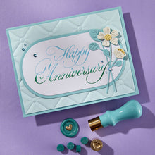 Load image into Gallery viewer, Spellbinders - BetterPress Plate - Copperplate Happy Everything - Copperplate Happy Anniversary. At Embellish Away in Bowmanville Ontario Canada. Example by brand ambassador.
