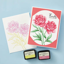 將圖片載入圖庫檢視器 Spellbinders - BetterPress Press Plate - Peony Perfection Registration. The set of six press plates and one mylar printed registration template come together to create a beautiful two stemmed Peony blooms with a choice of four sentiments. Available at Embellish Away located in Bowmanville Ontario Canada. Example by brand ambassador.
