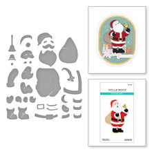 Load image into Gallery viewer, Spellbinders - Etched Dies - Santa's Here! Santa's Here! Etched dies are part of the Classic Christmas Collection by Spellbinders. This set of eight thin metal dies creates a jolly ole Santa with his bag full of gifts. Available at Embellish Away located in Bowmanville Ontario Canada.
