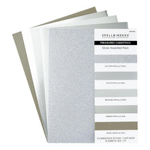 Charger l'image dans la galerie, Spellbinders - Treasured Cardstock 8.5"X11" - 15/Pkg - Silver. 15 premium cardstock sheets includes 3 sheets each: glitter metallic (100 lb), matte metallic (85 lb), brushed metallic (85 lb), mirror metallic (85 lb), and pearl metallic (92 lb). Available at Embellish Away located in Bowmanville Ontario Canada.

