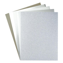Charger l'image dans la galerie, Spellbinders - Treasured Cardstock 8.5"X11" - 15/Pkg - Silver. 15 premium cardstock sheets includes 3 sheets each: glitter metallic (100 lb), matte metallic (85 lb), brushed metallic (85 lb), mirror metallic (85 lb), and pearl metallic (92 lb). Available at Embellish Away located in Bowmanville Ontario Canada.
