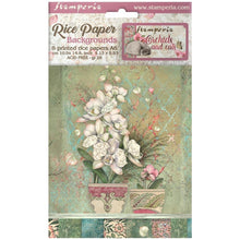 Load image into Gallery viewer, Stamperia - Assorted Rice Paper Backgrounds A6 8/Pkg - Orchids And Cats. Rice papers are wafer thin and can be used for wrapping, decoupage, painting, molding and are perfect for mixed media projects and other paper crafts. Available at Embellish Away located in Bowmanville Ontario Canada.
