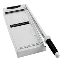 Load image into Gallery viewer, Tim Holtz - Maxi Guillotine - 12.25". Perfect for cutting paper and cardstock! This 8x19x3 inch package contains one 12.25 inch maxi guillotine. Measurements in both inches &amp; metric. Paper guard protects fingers and prevents paper movement. Available at Embellish Away located in Bowmanville Ontario Canada.
