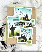 Load image into Gallery viewer, Waffle Flower - Stamps - Postage Collage Fishing Silhouettes. Available at Embellish Away in Bowmanville Ontario Canada. Example by Leanne West.

