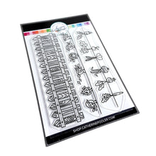 Cargar imagen en el visor de la galería, Catherine Pooler - Stamp - Backyard Borders. Color the images in the Backyard Borders Stamp Set as a focal point on your card, or use them as a subtle background. The Backyard Borders Stamp set includes a row of fence posts, singing birds, and planted veggies. Available at Away in Bowmanville Ontario Canada.
