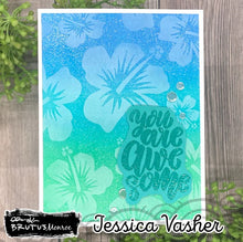 Load image into Gallery viewer, Brutus Monroe - Stamp Background - Hibiscus. 6"x6" Red Rubber Background Stamp. Available at Embellish Away located in Bowmanville Ontario Canada. Card Example by Jessica Vasher.
