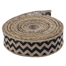 Load image into Gallery viewer, Burlap Ribbon - 1.5 inches - Black Chevron. Sold by12 inch lengths. Example: Purchase 36 inches, receive 36 inches all attached so you can cut to size. Available at Embellish Away located in Bowmanville Ontario Canada.
