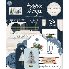 Load image into Gallery viewer, Carta Bella - Cardstock Ephemera 33/Pkg - Frames &amp; Tags - Welcome Winter. Coordinating: Kit 12X12, Pad 6X6, Solid Cardstock 12"X12", Ephemera - Frames &amp; Tags, Ephemera - Icons, Enamel Dots, Puffy Stickers, Chipboard 6X13 - Accents, Chipboard 6X13 - Phrases, Chipboard 6X13 - Frames, Decorative Brads. Available at Embellish Away located in Bowmanville Ontario Canada.
