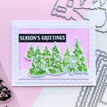 Load image into Gallery viewer, Catherine Pooler - Stamps - Evergreen Woods. Create your own Evergreen Woods with our 6x8 layering stamp set and coordinating Evergreen Woods Dies. This set contains multi-step stamps to "build" a forest of pine trees or an individual tree. The addition of the North Star stamp will bring added warmth to your winter scene or even make a nice holiday tree topper. Available at Embellish Away located in Bowmanville Ontario Canada. Card example made by brand ambassador.

