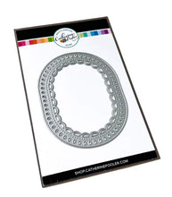 Load image into Gallery viewer, Catherine Pooler - Dies - Fancy Loop. The Fancy Loop Die is a beautiful scalloped frame die. This straight sided oval or "loop" die is a great shape for a standard A2 card front as a feature frame or popped up element. Available at Embellish Away located in Bowmanville Ontario Canada.
