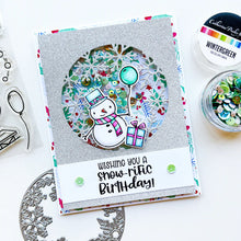 Charger l'image dans la galerie, Catherine Pooler - Stamp and Die Set - Snow-rific Party. This stamp and die set is has all the things needed for a winter time party! Each snowman is dressed up for fun and ready to adorn your cards and projects with gifts, cake, balloons and even a sled Available at Embellish Away located in Bowmanville Ontario Canada Card design by brand ambassador.
