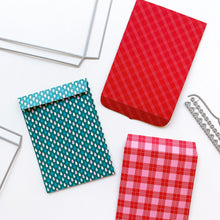 Cargar imagen en el visor de la galería, Catherine Pooler - Dies - Notecard Envelope. Create your own adorable notecard sized envelope with our Notecard Envelope Die. This pair of dies will work with our 6x6" paper to create two cut and scored pieces that you can easily adhere together to create custom envelopes. The envelope is measures at 3 3/4" x 5 1/2" and is a perfect fit for a 3.5" x 5" CP Notecard or 4 Bar sized card base. Available at Embellish Away located in Bowmanville Ontario Canada. patterned paper die cut examples.

