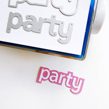 Cargar imagen en el visor de la galería, Catherine Pooler - Dies - Party Word. Time to Party with the Party Word Die!  This fun layered word die includes a background frame die and letter dies spelling out PARTY!  Create a fun background layer with ink colors or patterned paper and pop your letters over top to create an eye-catching sentiment. Available at Embellish Away located in Bowmanville Ontario Canada.
