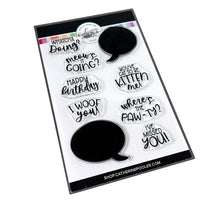 Load image into Gallery viewer, Catherine Pooler - Stamp Set  - Look Who's Talking. If your furry friends could talk...what might they say?   The cute pet pun messages fit inside in the speech bubbles of the Look Who's Talking Dies! Available at Embellish Away located in Bowmanville Ontario Canada.
