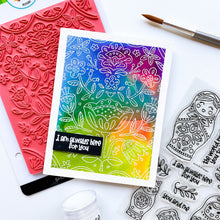 Cargar imagen en el visor de la galería, Catherine Pooler - Stamp &amp; Die Set - We Fit.  You'll find charming folk art nesting dolls in the We Fit Stamp Set. This line art stamp set has 3 dolls and a cat doll that stamp along side one another from large to small! This set inspired by the art of Eastern Europe includes sweet sentiments like "the world needs you to be you" and "i am always here for you". Available at Embellish Away located in Bowmanville Ontario Canada. Card by brand ambassador.
