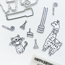गैलरी व्यूवर में इमेज लोड करें, Catherine Pooler - Stamp &amp; Die Set - Birthday Fiesta. Feliz Cumpleaños! It's a Birthday Fiesta and the llama and Jaguar are ready to party! These Peruvian friends can blow out the candles and chop down on some cake. Available at Embellish Away located in Bowmanville Ontario Canada.
