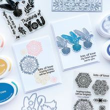 Load image into Gallery viewer, Catherine Pooler - Stamp &amp; Die Set - Peace In Flight. The Peace in Flight Stamp Set features ornately decorated dove and swan stamps to grace your cards. Available at Embellish Away located in Bowmanville Ontario Canada. card example by brand ambassador.
