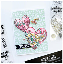 Load image into Gallery viewer, Catherine Pooler - Stamp &amp; Die Set - Yours Truly. Send all your love with the Yours Truly Stamp &amp; Die Set. This set of line-art heart stamps are adorned with floral and paisley patterns. Use one or layer more than one die cut heart on your card. Available at Embellish Away located in Bowmanville Ontario Canada. Card by brand ambassador.
