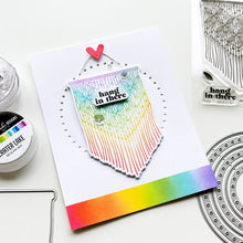 Load image into Gallery viewer, Catherine Pooler - Stamp &amp; Dies Set - Hang in There. When you need to send a little encouragement, do it with the Hang in There Stamp Set. This 3x4 stamp set features a macrame wall hanging stamp and a tiny "hang in there" sentiment. Available at Embellish Away located in Bowmanville Ontario Canada. Card example by brand ambassador.
