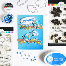 Cargar imagen en el visor de la galería, Catherine Pooler - Stamp and Die Set - Hey Tweetie. These super cute Hey Tweetie stamp and dies are great for layering fun with the birdies, speech bubbles and branch. Cut out all the options and play around for some squawking good cards. Available at Embellish Away located in Bowmanville Ontario Canada. Card design by brand ambassador.
