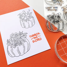 Cargar imagen en el visor de la galería, Catherine Pooler - Stamps - Front Porch Pumpkin. If an elegant, farmhouse look is your go-to for Halloween and Fall, then the Front Porch Pumpkins Stamps and Dies are going to be a fav!  These beautiful line art pumpkins are adorned with a variety of flowers and greenery and are ready for Pinterest perfect cards! Available at Embellish Away located in Bowmanville Ontario Canada - Stamped image example
