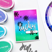 Cargar imagen en el visor de la galería, Catherine Pooler - Word Die - Lucky. Use your Lucky Word die to mix and match for some great cards.  It's your LUCKY day when you can create! Illustrated by Traci Reed. Available at Embellish Away located in Bowmanville Ontario Canada. Card example by brand ambassador.
