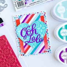Cargar imagen en el visor de la galería, Catherine Pooler - Word Die - Ooh LaLa. Ooh Lala, this word die is divine!! The Ooh Lala is a cute addition to a card celebrating exciting news! It pairs perfectly with our Dreaming of France Stamp Set but will also be a cute focal point for a birthday or a fun way to say congrats.  Die measures approx. 2-1/2" x 3". Available at Embellish Away located in Bowmanville Ontario Canada. Card example by Catherine Pooler
