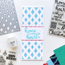 Load image into Gallery viewer, Catherine pooler - Sentiments Stamp Set - Near or Far. This Christmas, whether you find yourself with your family and friends or celebrating at home, the Near or Far Sentiments Stamp Set has just the right thought. This set has warm, hand-lettered mix and match phrases like "sending comfort &amp; peace" and "I'll be home for Christmas". Available at Embellish Away located in Bowmanville Ontario Canada. Slimline card example by Catherine Pooler.
