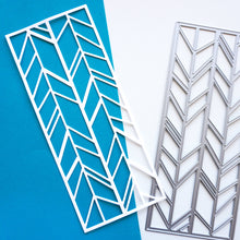 Load image into Gallery viewer, Catherine pooler - Slimline Die - Chevron. Easy to use die with it's classic, repeating chevron pattern, this die will bring beautiful texture to your card background and be lots of fun for inlaid die cut technique lovers. This die is sized to fit our recommended 8.5" x 3.5" base slimline cards. Available at Embellish Away located in Bowmanville Ontario Canada.
