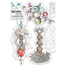 Cargar imagen en el visor de la galería, Ciao Bella - Clear Stamp Set 6"x8" - Universe Is Heart And Mind. The sign of the times is usually linked to disapproving, something that is typical of the bad way things are now. On the other side, the sign of the times is marked by changes that indissolubly link past, present and future. Some call it progress. A history as long as humankind. From alchemists in search of the philosopher’s stone, to the discovery of the atom and DNA. Available at Embellish Away located in Bowmanville Ontario Canada.
