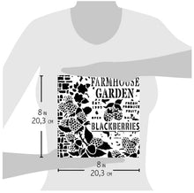 Load image into Gallery viewer, Ciao Bella - Texture Stencil 8x8 - Farmhouse Garden. Stencil Art line is designed to add layering textures and designs to your projects. This mask has images of blackberries and text. Perfect for paper crafting, scrapbooking and mixed media projects. Available at Embellish Away located in Bowmanville Ontario Canada.
