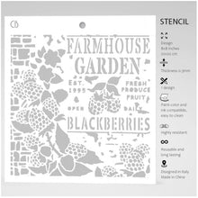 Load image into Gallery viewer, Ciao Bella - Texture Stencil 8x8 - Farmhouse Garden. Stencil Art line is designed to add layering textures and designs to your projects. This mask has images of blackberries and text. Perfect for paper crafting, scrapbooking and mixed media projects. Available at Embellish Away located in Bowmanville Ontario Canada.
