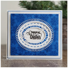 गैलरी व्यूवर में इमेज लोड करें, This seven-die set with a beautiful outside edge will be a great addition to your festive paper craft arsenal the die will be wonderful for card making, scrapbooking, mixed media and not just at Christmas. Packet includes card inspiration. Seven die set, largest die size 13.0 x 15.3 cm. Available at Embellish Away located in Bowmanville Ontario Canada. Card Example
