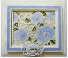 Load image into Gallery viewer, Creative Expressions - Sue Wilson Dies - Background Collection - Mini Background Pierced Roses. A beautiful background die that would work nicely on a A4 size card. Cut out extra roses to layer for added dimension. Size: 4.06" x 5.28". Available at Embellish Away located in Bowmanville Ontario Canada. Card by brand ambassador.
