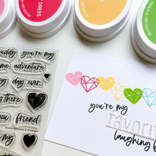 Cargar imagen en el visor de la galería, Catherine Pooler - Sentiments Stamp Set - Favorite Day Ever. They say you shouldn't have a favorite, but this stamp set might become one of yours! The Favorite Day Ever Sentiments Stamp Set contains mix and match sentiment stamps for creating the perfect greeting for all your favorite people. Tell them "you will always be my favorite" or "you're my favorite partner in crime". This set was designed to coordinate with our Favorite on a Line Die. Available at Embellish Away located in Bowmanville Ontario Canad
