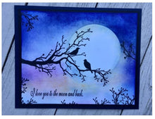 Load image into Gallery viewer, Frog's Whiskers Ink - Stamps - Birds in a Tree. This Rubber Cling Stamp is a silhouette of birds resting on a tree branch. A beautiful addition to Spring collections.  Size: 3.5 x 5 inches. Card Example. Available in Bowmanville Ontario Canada.
