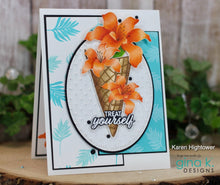Load image into Gallery viewer, Gina K. Designs - Stamps - Treat Yourself. Treat Yourself is a stamp set by Lisa Hetrick. This set is made of premium clear photopolymer and measures 6" X 8". Made in the USA  Coordinating die set sold separately. Available at Embellish Away located in Bowmanville Ontario Canada. Card design by Karen Hightower
