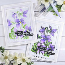 Load image into Gallery viewer, Gina K. Designs - Stamp &amp; Die Set - Blue Violets. Blue Violet is a stamp set by Arjita Singh. This set is made of premium clear photopolymer and measures 6" X 8". The die set gives you the ability to cut out and layer, creating texture to your creation. Available at Embellish Away located in Bowmanville Ontario Canada. Example by brand ambassador.
