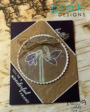 Load image into Gallery viewer, Gina K. Designs - Stamp &amp; Die Set - Blue Violets. Blue Violet is a stamp set by Arjita Singh. This set is made of premium clear photopolymer and measures 6" X 8". The die set gives you the ability to cut out and layer, creating texture to your creation. Available at Embellish Away located in Bowmanville Ontario Canada. Example by brand ambassador.
