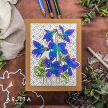 Load image into Gallery viewer, Gina K. Designs - Stamp &amp; Die Set - Blue Violets. Blue Violet is a stamp set by Arjita Singh. This set is made of premium clear photopolymer and measures 6" X 8". The die set gives you the ability to cut out and layer, creating texture to your creation. Available at Embellish Away located in Bowmanville Ontario Canada. Example by brand ambassador.
