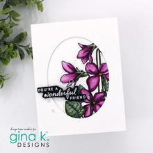 Load image into Gallery viewer, Gina K. Designs - Stamp &amp; Die Set - Blue Violets. Blue Violet is a stamp set by Arjita Singh. This set is made of premium clear photopolymer and measures 6" X 8". The die set gives you the ability to cut out and layer, creating texture to your creation. Available at Embellish Away located in Bowmanville Ontario Canada. Example by brand ambassador.
