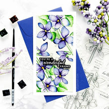 Load image into Gallery viewer, Gina K. Designs - Stamp &amp; Die Set - Blue Violets. Blue Violet is a stamp set by Arjita Singh. This set is made of premium clear photopolymer and measures 6" X 8". The die set gives you the ability to cut out and layer, creating texture to your creation. Available at Embellish Away located in Bowmanville Ontario Canada. Example by brand ambassador.
