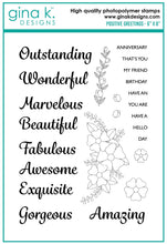 Charger l'image dans la galerie, Gina K. designs - Stamps - Positive Greetings. Positive Greetings is a stamp set by Debrah Warner. This set is made of premium clear photopolymer and measures 6" X 8". Made in the USA. Available at Embellish Away located in Bowmanville Ontario Canada.
