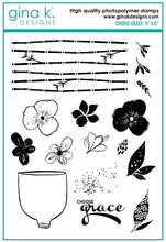 Load image into Gallery viewer, Gina K. Designs - Stamps - Choose Grace. Choose Grace is a stamp set by Gina K Designs. This set is made of premium clear photopolymer and measures 6" X 8". Made in the USA.  Coordinating die set Choose Grace sold separately.  FEATURES bamboo, flowers, vase, leaves, grace. Available at Embellish Away located in Bowmanville Ontario Canada.
