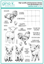 Load image into Gallery viewer, Gina K. Designs - Stamps - Farmyard Friends. Melanie Muenchinger’s realistic nature series continues with Farmyard Friends! You will love using these 8 farmyard animals plus scene building grass, dirt and wire fence images. Available at Embellish Away located in Bowmanville Ontario Canada.
