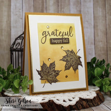 Load image into Gallery viewer, Gina K. Designs - Stamps - Layered Leaves. Layered Leaves is a stamp set by Hannah Drapinski. This set is made of premium clear photopolymer and measures 6" X 8". Made in the USA. Available at Embellish Away located in Bowmanville Ontario Canada. Card design by Shari Gilson.
