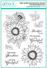 Load image into Gallery viewer, Gina K. Designs - Stamps - Sensational Sunflower. Sensational Sunflowers is a stamp set by Arjita Singh. This set is made of premium clear photopolymer and measures 6" X 8". Made in the USA. Available at Embellish Away located in Bowmanville Ontario Canada.
